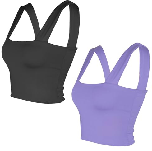 Dam 2-pack väst ärmlös strappy kort linne fyrkantig hals dubbla lager fitness vardaglig bas toppar, Svart-ljus lila, M