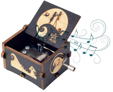 BeyHer Hand Cranked Music Box Vintage Wooden Craft Laser Engraved Night-mare Musical Box Melody-This is Halloween Mini Home Decorations Gifts for Valentine's Day Christmas Birthday