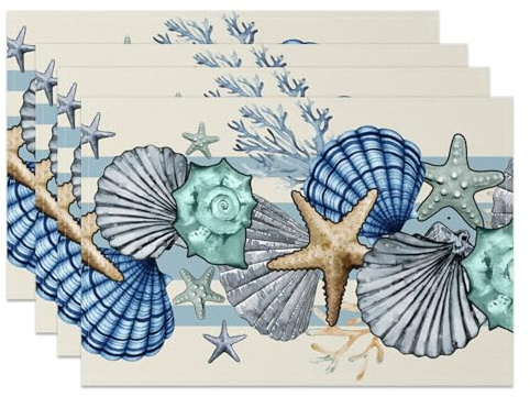 MIRRORANG Set di 4 tovagliette con conchiglie marine e stelle marine, 45 x 30 cm, stagionali primaverili, in lino lavabile, per la decorazione della cucina e della tavola da pranzo per feste