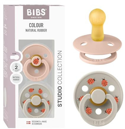 BIBS Colour Studio Soother 2-Pack, BPA Free Dummy Pacifier, Round Nipple. Natural Rubber Latex, Made in Denmark, Size 2 (6-18 Months), Blush/Sand