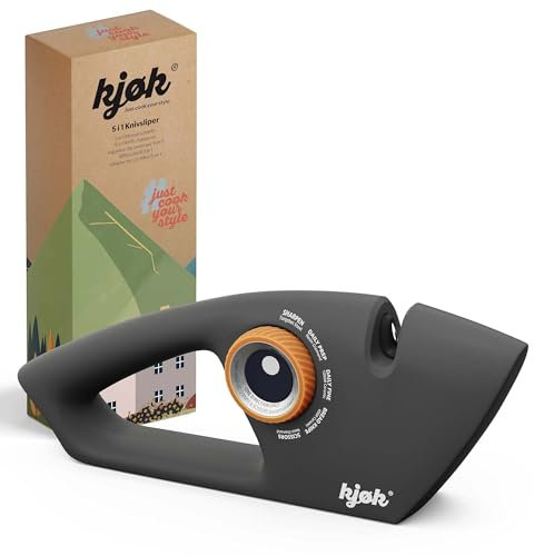 kjøk Premium Affilatore per coltelli e forbici con manopola regolabile – Affilacoltelli manuale – 5 Livelli – Barre in diamante, ceramica & carburo di tungsteno – Corpo in ABS Nero opaco