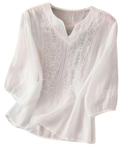 Chemisier d'été bohème en dentelle pour femme - Coton - Motif floral brodé - Tunique 2025 hippie à volants sur le devant pour personnes âgées - Coupe ample - Manches courtes - Style bohème, blanc, XL