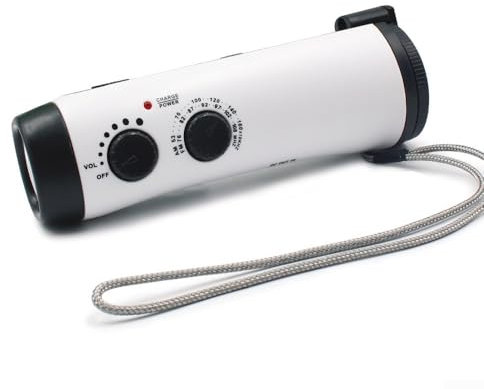 Em-ergency - Radio a manovella con torcia a LED per campeggio, radio meteorologica portatile e caricatore USB per cellulare, colore: bianco