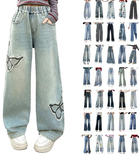 Baggy Jeans Mädchen Sommer Wide Leg Hosen Kinder Jeanshose Breite Bein Schlaghose Vintage Einfarbig Denim Jeans Elastischer Sporthose Mode Y2K Boyfriend Cargohose mit Taschen Stretch Pants 120-170