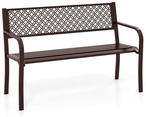 COSTWAY Banco Jardin para 2-3 Plazas, Banco Exterior de Metal, Respaldo Geométrico en Rejilla, Reposabrazos y Asiento de Listones, Terraza Patio Balcon, Carga 360kg, 127 x 59 x 82 cm (Oro)
