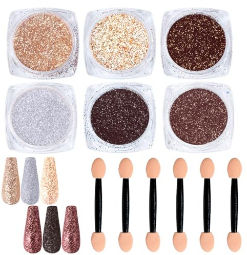 THQAE 6 Piezas Polvo para Uñas, Brillos para Manicura, Pigmento Brillante para Nail Art, Adorno de Esmalte, Decoración de Uñas, Festivales, Rostro y Cuerpo