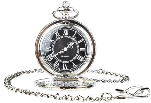 Pocket Watch for Men Christmas Gifts Silver Quartz Watch with Chain Stylish Modern Men Pocket Fob Watches Black Dial with Roman Numerals for Xmas Valentine's Day Birthday Anniversary Present Daily Use