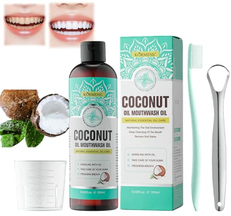 Bain de Bouche à l'huile Blanchissante,315 ML Huile de Rinçage Buccale à la Noix de Coco,Bain de Bouche Huile de Noix de Coco,avec Gratte-Langue,pour Blanchir les Dents