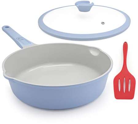 AIKENBBKK Sartén cerámica 28 cm con tapa, revestimiento cerámico antiadherente Sartenes para freír con mango extraíble, apta para todas las cocinas-azul claro