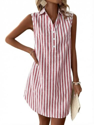 YUTILA Robe d'été pour femme, sans manches, 100 % coton, rayée, aérée, longueur genou, chemisier, robe décontractée, boutonnière et col