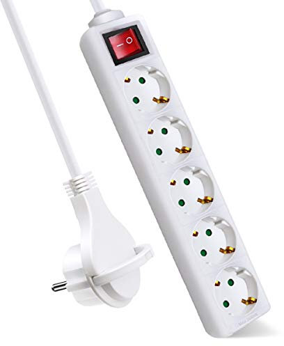 EXTRASTAR Steckdosenleiste 5-Fach, Flachstecker Mehrfachsteckdose mit Save Energy-Schalter, Flacher Stecker mit 3m Kabel, IP20, 16A, 3680W, Weiβ