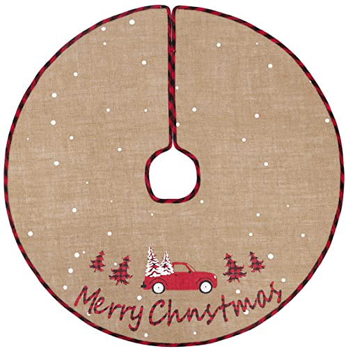 N&T NIETING Weihnachtsbaum Decke 76cm Sackleinen Weiße Schneeflocke Auto Bedruckter Weihnachtsbaum Rock Weihnachtsbaumdecke Rund für Urlaub Boden Weihnachtsbaum Deko