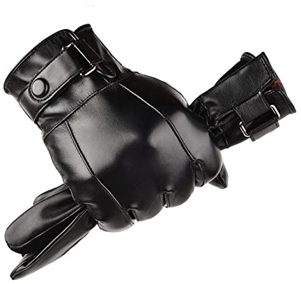 LJCZKA Black PU Leather Winter Gloves for Men, Touch Screen Winter Thermal Gloves Fleece Windproof Texting Driving Cycling