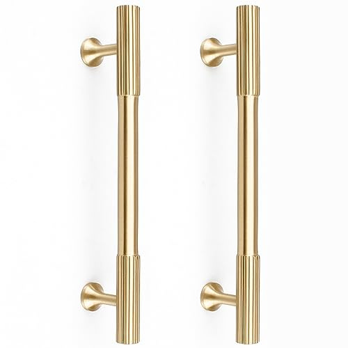 RZDEAL 2pcs Solid Brass Gold Cabinet Pulls, 5-Inch Hole Centers for Kitchen Cupboard Handles Modern Drawer Dresser Pulls Bathroom Brushed Brass Cabinet Pulls Wardrobe Door Handles
