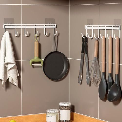 Nmgkokew 2 piezas Soporte de Utensilios Cocina con 6 Ganchos,sostenedor de Utensilios Cocina de Almacenamiento sin Perforaciones para Cocina/baño (Blanco)