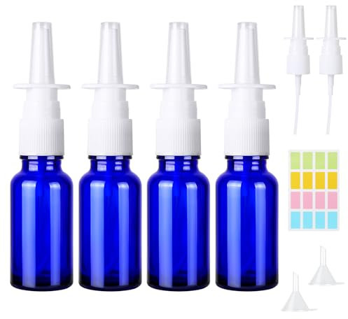 CoKeeSun 4 Pièce Vaporisateurs Nasaux Vide en Verre, 10ml Bleu Spray Nasal Vides, Réutilisable Flacon Pulvérisateur Nasal avec Entonnoirs et Étiquette, pour Parfum, Huiles Essentielles, Saline