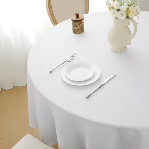 Softalker Mantel Mesa Redonda 240 cm Blanco Antimanchas Grande Manteles Redondo Impermeable Aspecto de Lino Ideal para Ocasiones Formales o Elegantes,como Bodas o cenas de Gala,cumpleaños