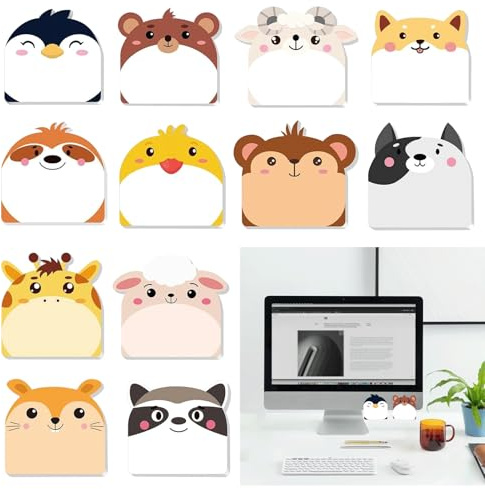 12 Pack Haftnotizen (30 Blatt pro Buch) - 12 Stile Lustig Klebezettel Kawaii Schulsachen Notizblock Klein Tierförmiger - Ideal für Büro Studenten Mitgebsel Geburtstag