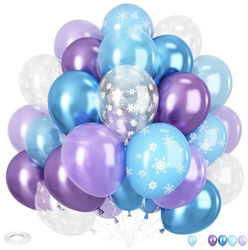 Purple Blue Balloons Decorations, 12 Inch Purple and Blue Party Balloons, Metallic Balloon and Snow Printed Balloon for Girls Snow Birthday Baby Shower Party Supplies