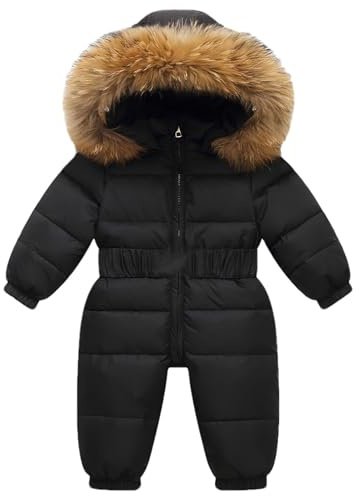 amropi Bébés Filles Combinaison de Neige à Fourrure Capuche Doudoune en Duvet Hiver Jumpsuit Noir, 1-2 Ans