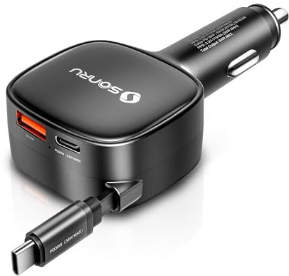 Zigarettenanzünder USB C, SONRU 84W Auto Ladegerät Einziehbares KFZ Ladegerät USB Schnellladegerät Handy 12V USB C Ladekabel Auto Adapter für iPhone 16 15 14, iPad, Samsung Galaxy S25 S24