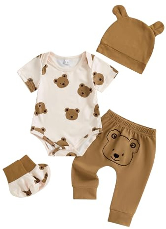 BeliBacca Newborn Come Home Baby Boy Clothes Bear Print Short Sleeve Romper Long Pants Hat Shoes Set 4pcs Infant Boy Summer Outfits (Khaki, 0-3 Months)
