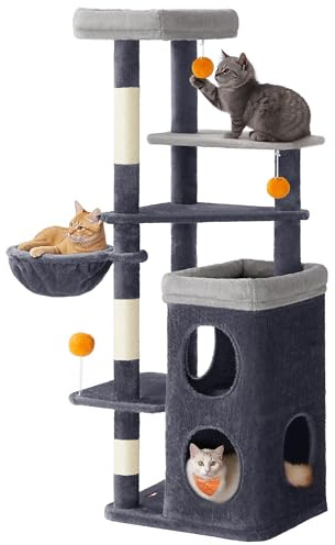 Feandrea Árbol Alto para Gatos, Altura de 152 cm, Rascador Multinivel con 2 Cuevas Grandes, una Hamaca, 3 Columnas para Arañarse, 3 Plataformas, Gris Oscuro PCT007G02