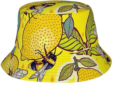 Chapeau cloche jaune imprimé citron et abeille pour homme et femme, chapeau de soleil amusant, chapeau de pêcheur en plein air, été, voyage, randonnée, noir, taille unique