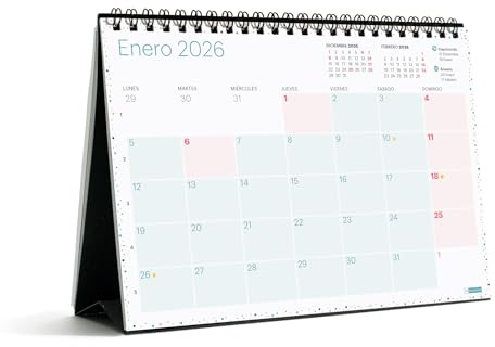 Miquelrius - Calendario 2026 de sobremesa Lovely, Organizador anual A5: 210 x 148,5 mm, Espacio para anotar, Planificador 12 meses, Espiral doble, Español, Incluye adhesivos, Colores pastel