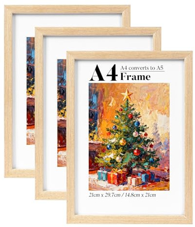 HOUSE DAY Lot de 3 cadres photo A4 100 % bois massif avec passe-partout A5 - Cadre photo carré à suspendre au mur pour famille, paysage, collage, souvenir d'animaux de compagnie, mariage