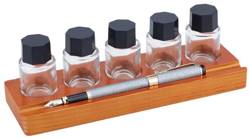 BENECREAT 5-Hole Calligraphy Ink Pot Holder Set, Wood Bottle Organizer Stands & 5Pcs Glass Fountain Pen Ink Bottle（15ml/ 0.5oz Decorative Desk Organizer for Office and Home Writing