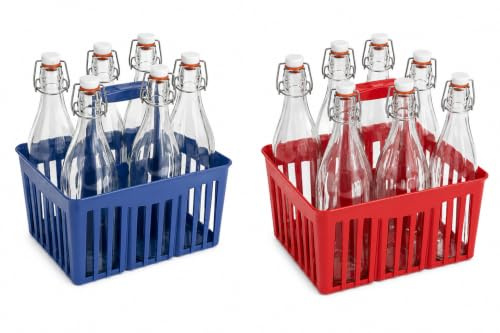 mille idee 2 set Portabottiglie 2 cestelli in plastica 6 posti con 12 bottiglie in vetro 1litro costolata con tappo ermetico pressione