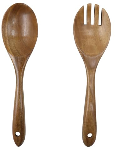 Ludom Juego de 2 Cubiertos de Madera de 26 cm, Tenedor y Cuchara de Madera de Olivo para Ensalada, Fruta y Pasta