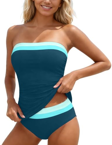 Genérico Conjunto de tankini para mujer con control de abdomen, color sólido, sin tirantes, color 2026#1