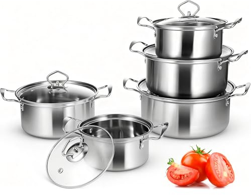 Bateria de Cocina Induccion, Juego de Ollas Inducción 10 Piezas, Set de Ollas de Acero Inoxidable con Tapas de Vidrio y Cazo, Aptas para Todo Tipo de Cocinas, Sin Recubrimiento