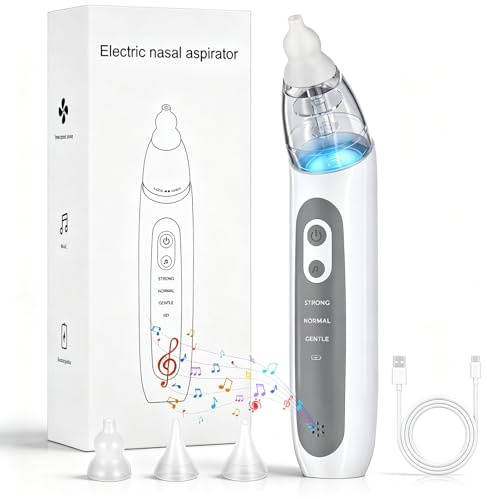 Electric Baby Nasal Aspirator, Rechargeable Nose Sucker for Newborns, Infants & Toddlers, 3 Adjustable Suction Levels, Built-in Music and Night Light, 3 Soft Silicone Tips, Portable Nose Cleaner