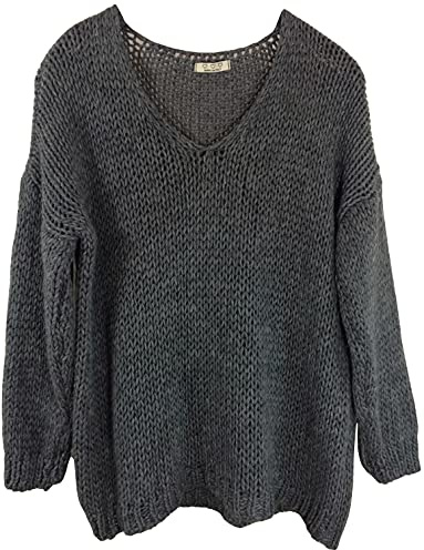 K-Milano Maglione pullover da donna a maglia grossa oversize over shoulder con scollo a V in misto lana/alpaca, made in Italy, grigio., 38-46