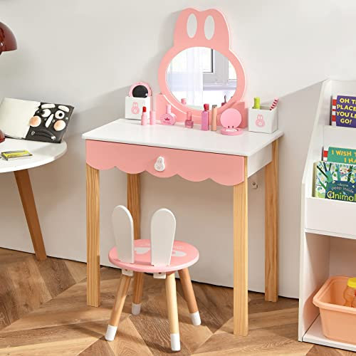 Maxmass Kids Dressing Table and Stool, 2-in-1 Vanity Table with Detachable Mirror, Large Drawer and 2 Storage Boxes, Girls Makeup Desk & Chair Set for Children Toddlers (White)