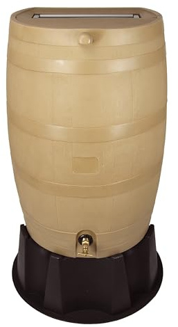 RTS Home Accents 50-Gallon Rain Barrel, Flat Back Rain Water Collection Barrel, Stand Included, Oak Color