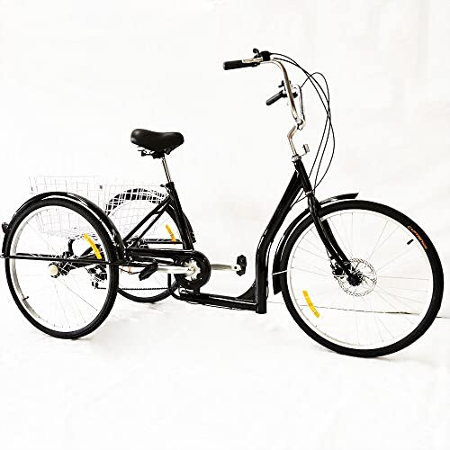 26 tum trehjuling för vuxna cykel vuxen cykel 6 växlar med inköpskorg, justerbar fordonshöjd (svart)