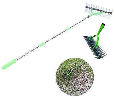 Rastrillo de Jardín Multifuncional para Limpiar Césped Fertilizar Resembrar Herramienta de Jardinería con Cabeza Ajustable y Diseño Liviano