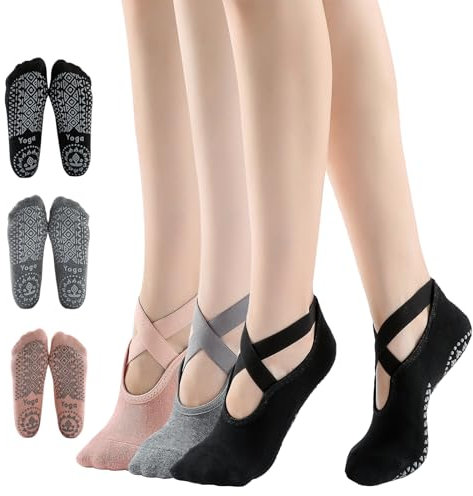 CXXBOOB 3 par yogastrumpor, halkfria pilatesstrumpor, halkfria sportstrumpor för yoga barrett pilates dans hem för kvinnor och män storlek 35–41 (svart, mörkgrå och rosa), Svart, mörkgrå och rosa, 35