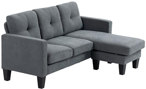 HOMCOM Canapé d'angle 3 Places méridienne réversible Droite ou Gauche, Salon, Grand Confort, Dossier capitonné, Gris
