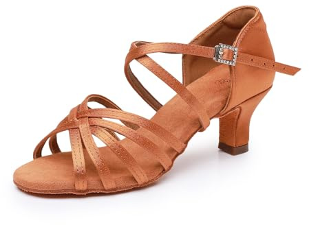 Rosefinch Women's Satin Latin Dance Shoes Professional Ballroom Salsa Practice Performance Dancing Shoes 2 Brown 6 US