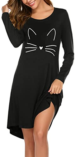 Ekouaer Camisón Mujer Dormir Camisones de Manga Larga Cuello Redondo de Mujer Ropa de Estar Suave y Linda Impreso Camison Sexy Gato Negro M