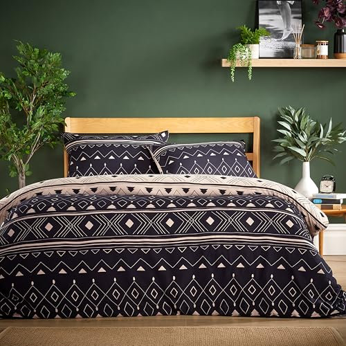 Olivia Rocco Super Soft Flannel Duvet Cover Set Quilt Bedding Covers with Pillowcases Luxurious Colourful Checked Printed Design Reversible Pattern for Comfort Sleep, Oslo Black Double
