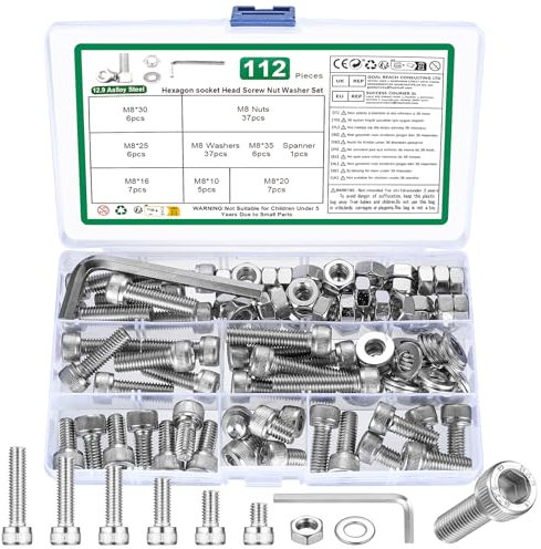 Juego de tornillos cilíndricos M3, M4, M5, M6, tornillos hexagonales con tuercas, juego de tornillos roscados con hexágono interior, DIN912 tornillos de máquina con arandelas juego (M8/112)