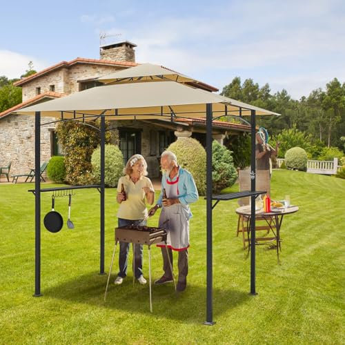 YODOLLA Tonnelle de Jardin Double Toit - Abri Barbecue Imperméable & Anti-UV - 2,4 x 1,5 m pour Jardin et Cour - Beige
