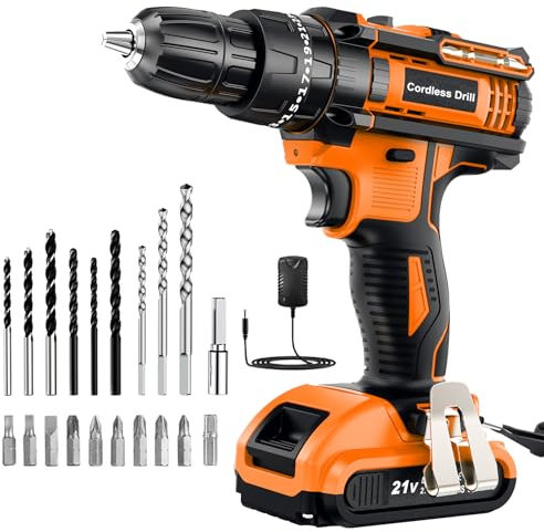 DYJPOW Cordless Drill Driver 21V, with Battery 2000mAh, 25+3 Torque, 42N.m Max, 22PCS Drill Bits, 2 Speed, LED Light for Home and Garden DIY Project, Orange