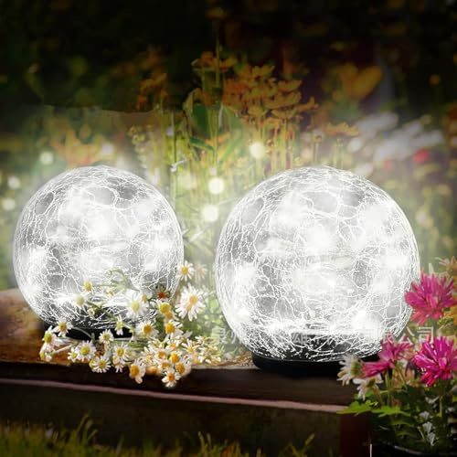 Generico Lampada sferica solare, 2 impermeabili giardino vetro crepe lampade solari per strada cortile cortile prato, decorazione esterna paesaggio giardino lampade a sfera (Bianco, 12CM 30LED)